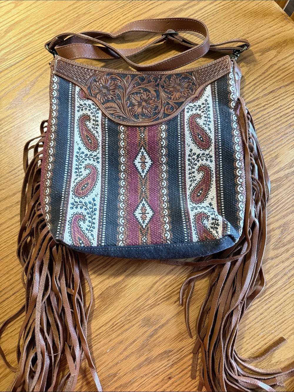 Myra Bag Brown and Red Boho Fringe with tooling Crossbody 12x12 NEW